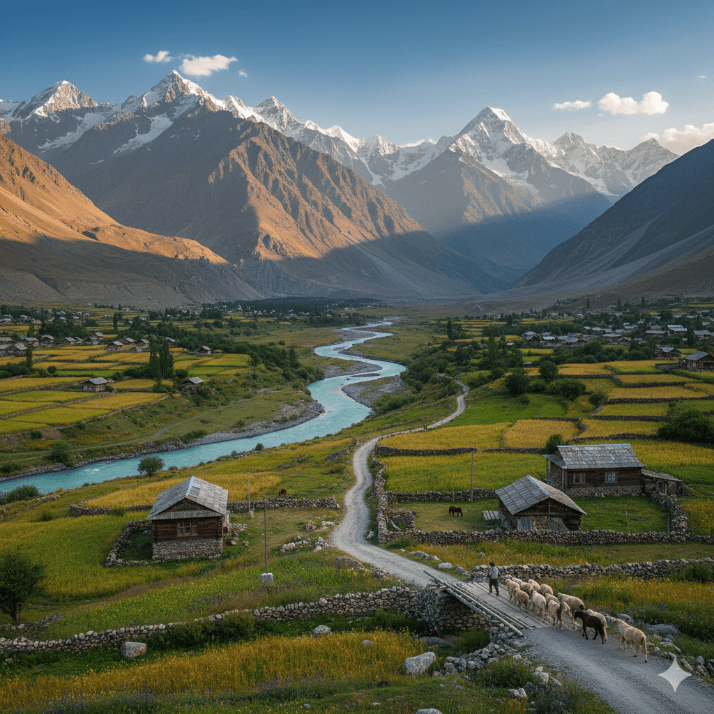 Kashmir valley — mountains, river, and village
